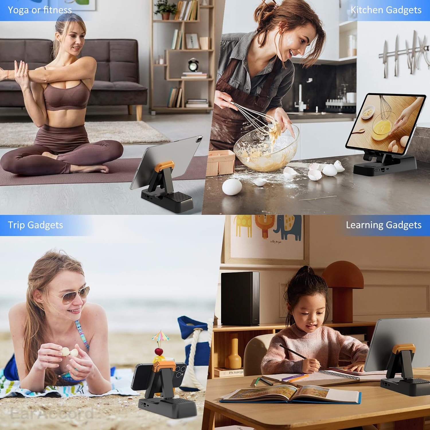 Cell Phone Stand with Wireless Bluetooth Speaker,Loud with bass Phone Speaker Amplifier, Foldable Adjustable Desk Kitchen Bracket Sturdy Stable Holder for iPhone ipad Tablet Android-Black