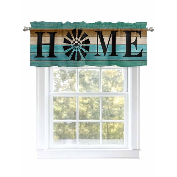 Windmill Home Valances for Windows, Rod Pocket Kitchen Valance Curtains - Soft & Washable Small Window Treatment for Living Room, Bathroom, Teal Farmhouse Wood Grain 54x18inch, 1 Panel