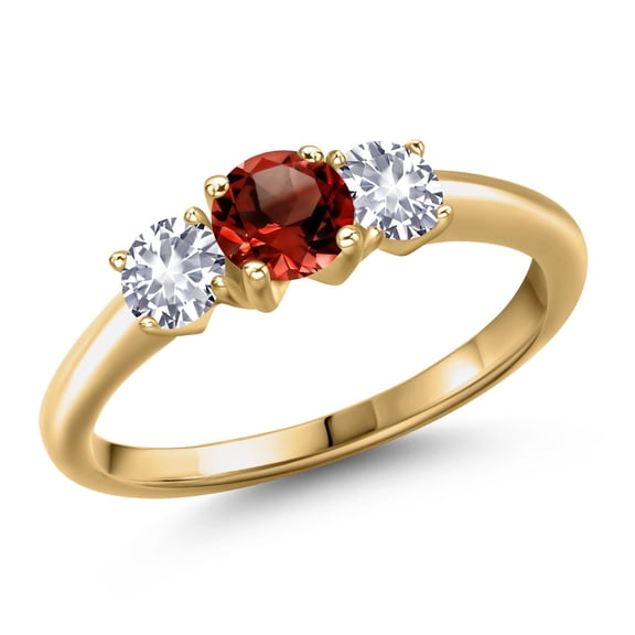 Gem Stone King 18K Yellow Gold Plated Silver Red Garnet and White Created Sapphire Engagement Ring for Women | 1.05 Cttw | Round 5MM | Gemstone January Birthstone | Size 6
