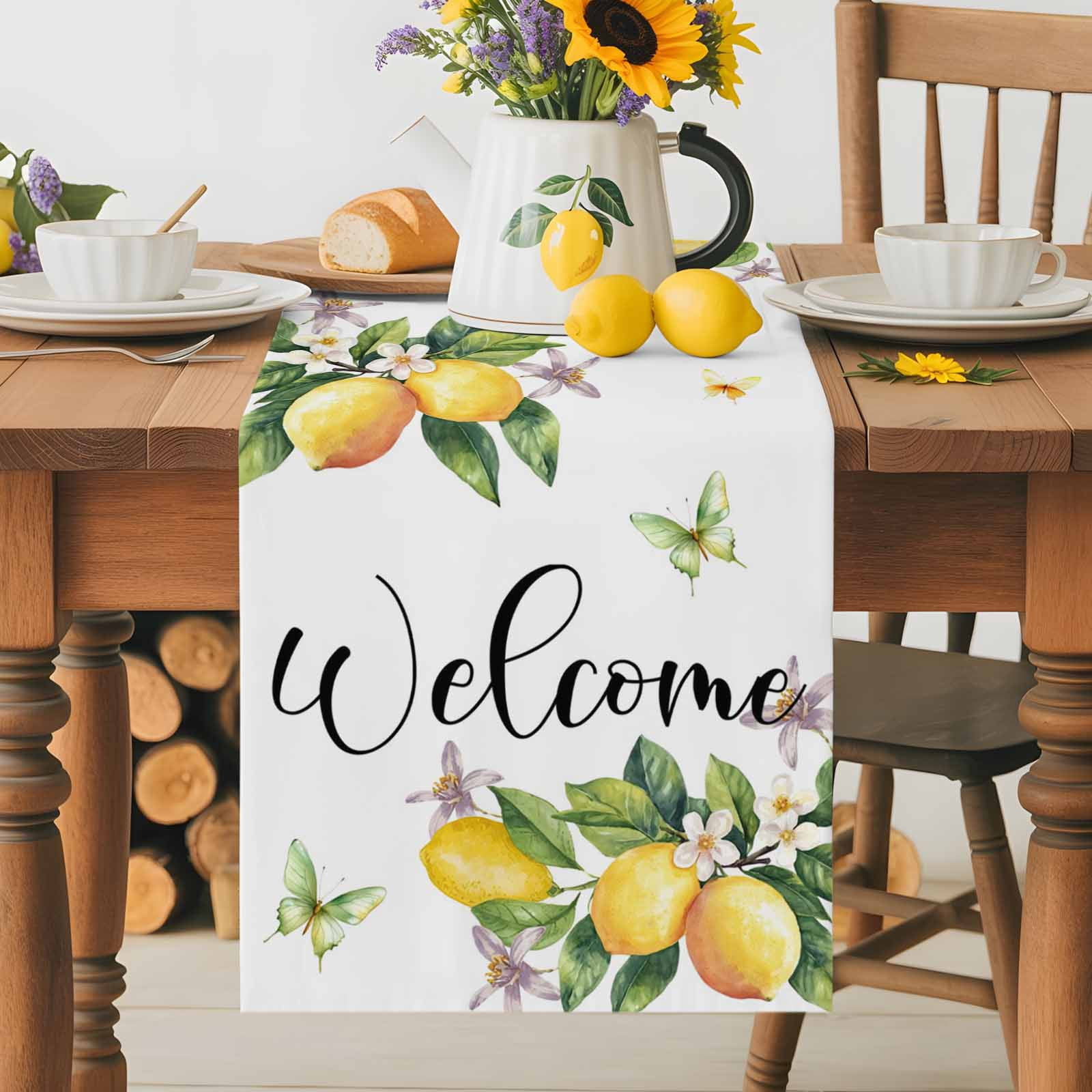 Summer Lemon Flower Leaves Table Runner 90 Inches Long, Butterfly Welcome Quote Table Runners Tabletop Scarf Kitchen Dining Tables Decoration for Home Party Indoor Outdoor