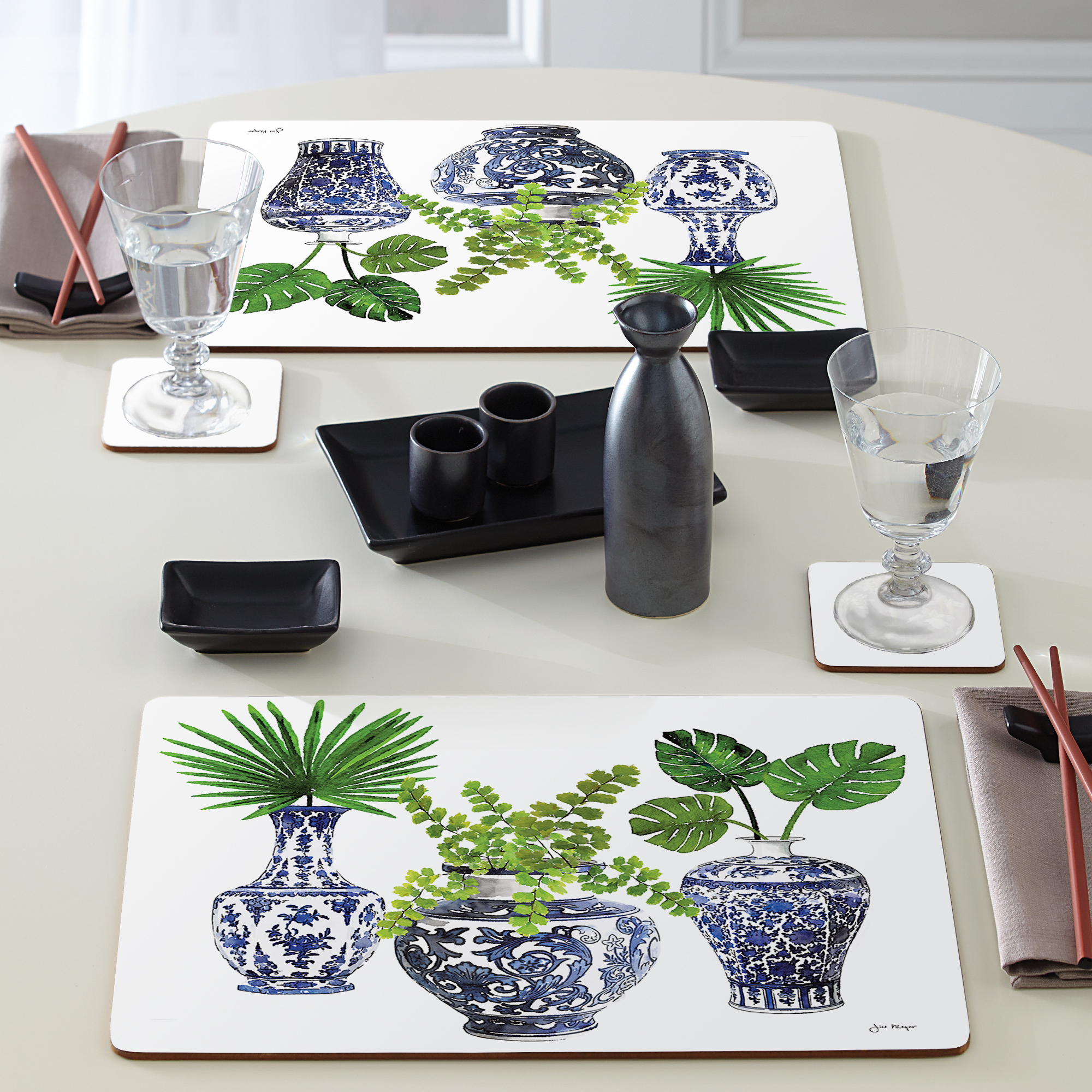 Cala Home "Blue Delft Vases" Premium Decorative Hardboard Cork Back Tabletop Placemats 4 Pack