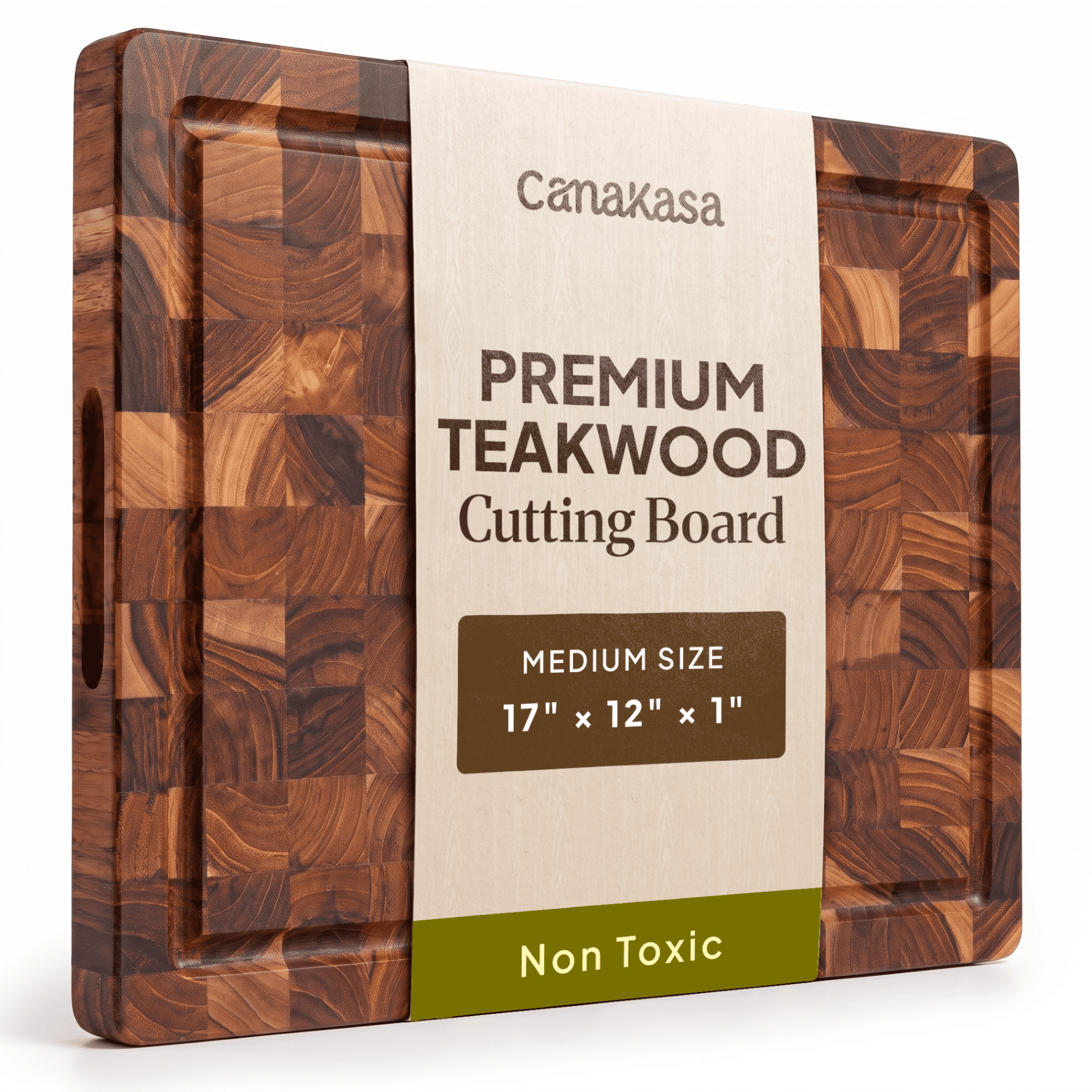 CanaKasa End Grain Teak Wood Cutting Board 17x12 Inch – 1" Thick Medium Kitchen Chopping Board with Juice Groove, Knife-Friendly Teak for Home Cooks