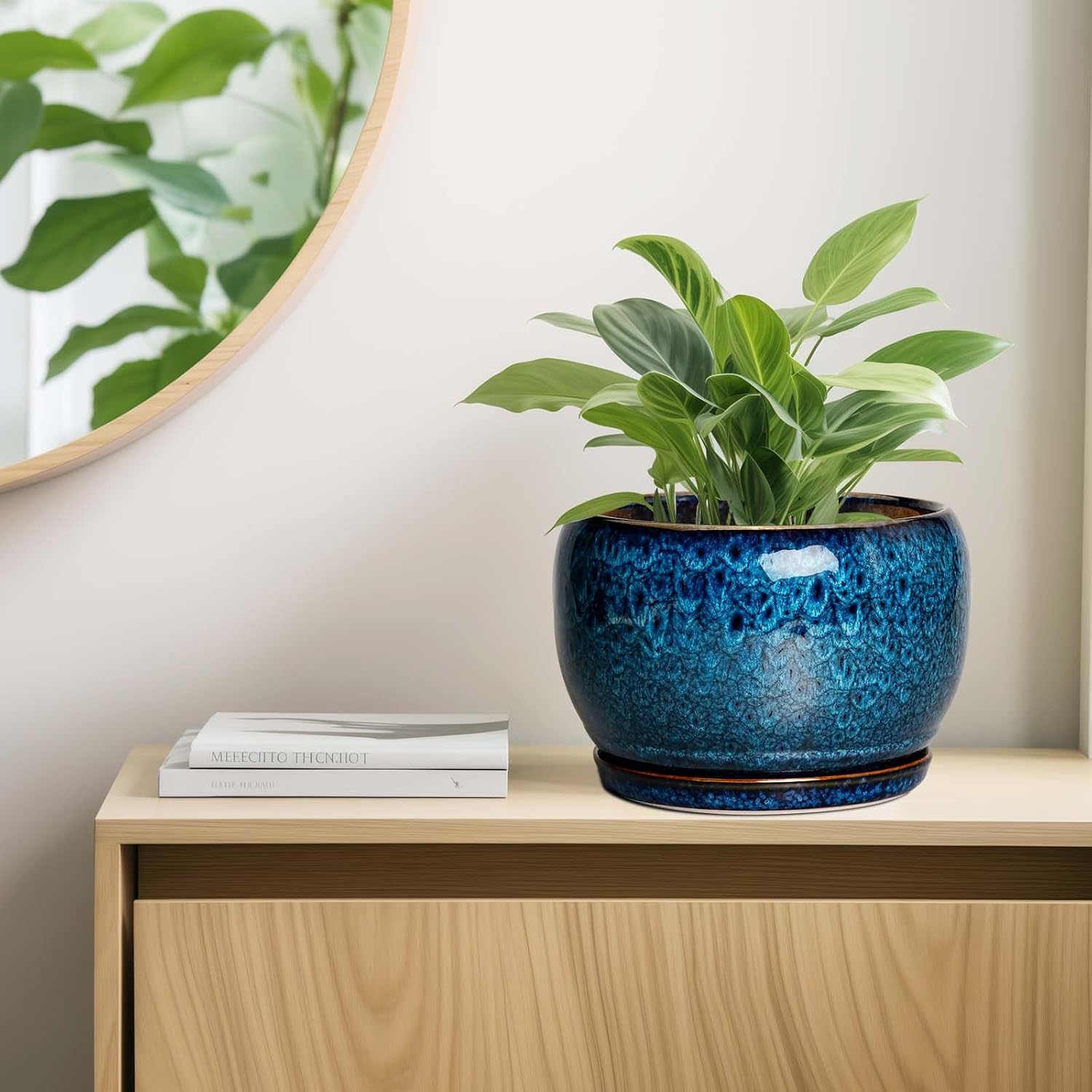 10 Inch Plant Pot - Ceramic Planter Pot with Drainage Hole and Saucer, Decorative Plant Pot for Indoor Outdoor Plants, Round Large Planter Flower Pot, Blue