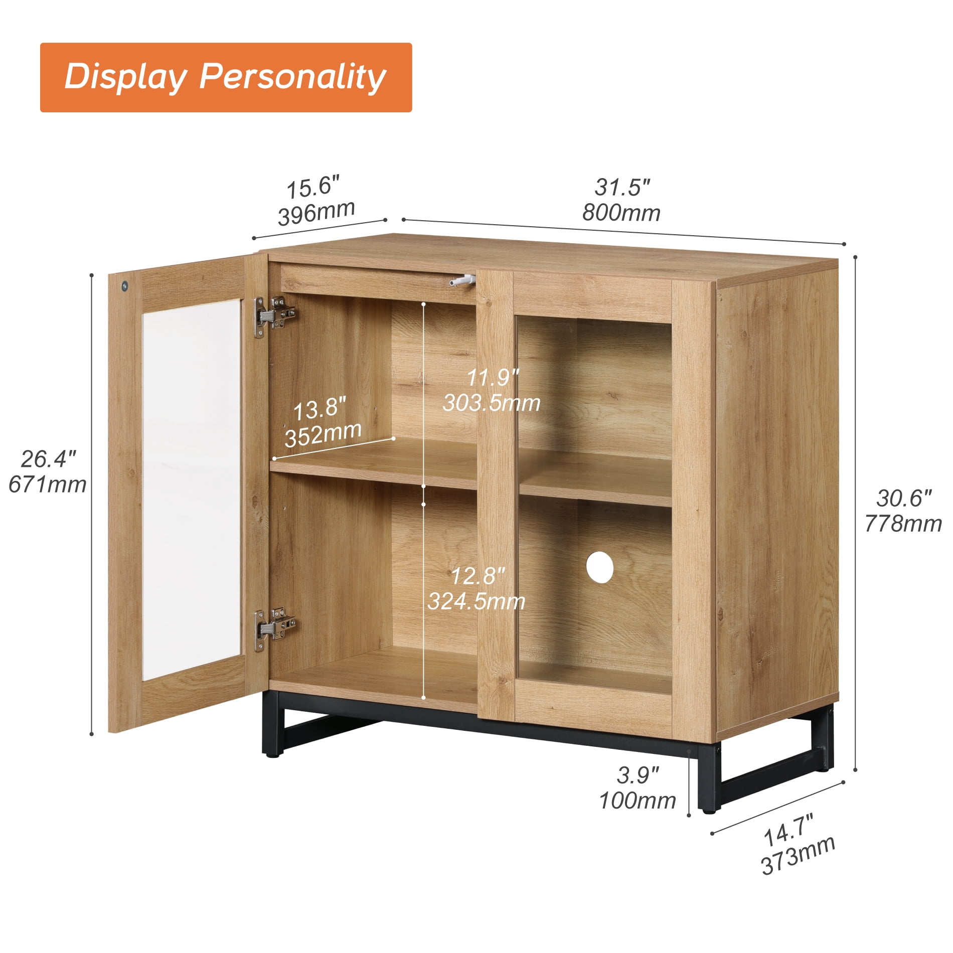 WAMPAT Modern Sideboard Buffet Cabinet with Glass Doors and Adjustable Shelf Coffee Bar Storage Cabinet for Living Room Kitchen,Oak