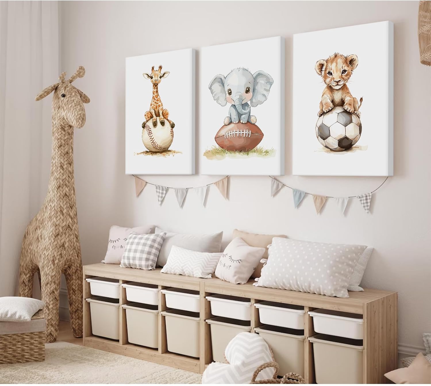 Sports Nursery Wall Art Baby Boys Room Canvas Pictures Safari Animal Wall Decor Jungle Nursery Prints Kids Poster Cute Painting Football Soccer Baseball Artwork for Bedroom 12x16x3 Inch Ready to Hang