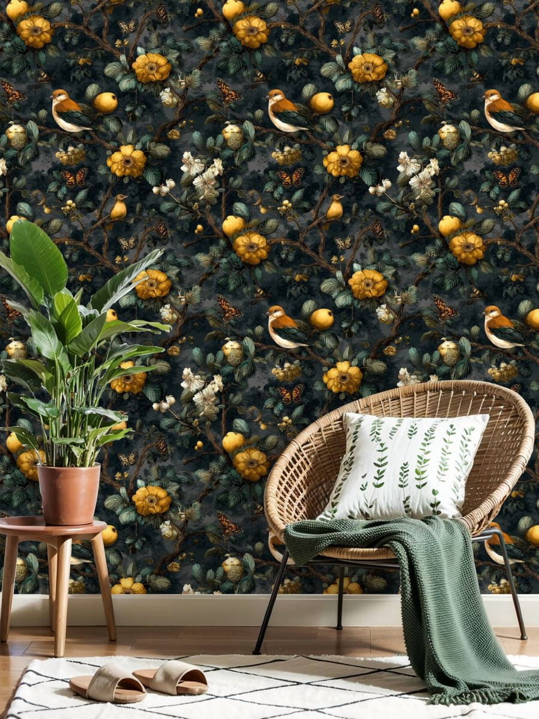 Peel and Stick Wallpaper 17.7in x 9.8ft Vintage Botanical Birds Butterflies Golden Flowers Dark Contact Paper Vinyl Self-Adhesive Removable Wall Paper for Bedroom DIY Home Decor Renter Friendly