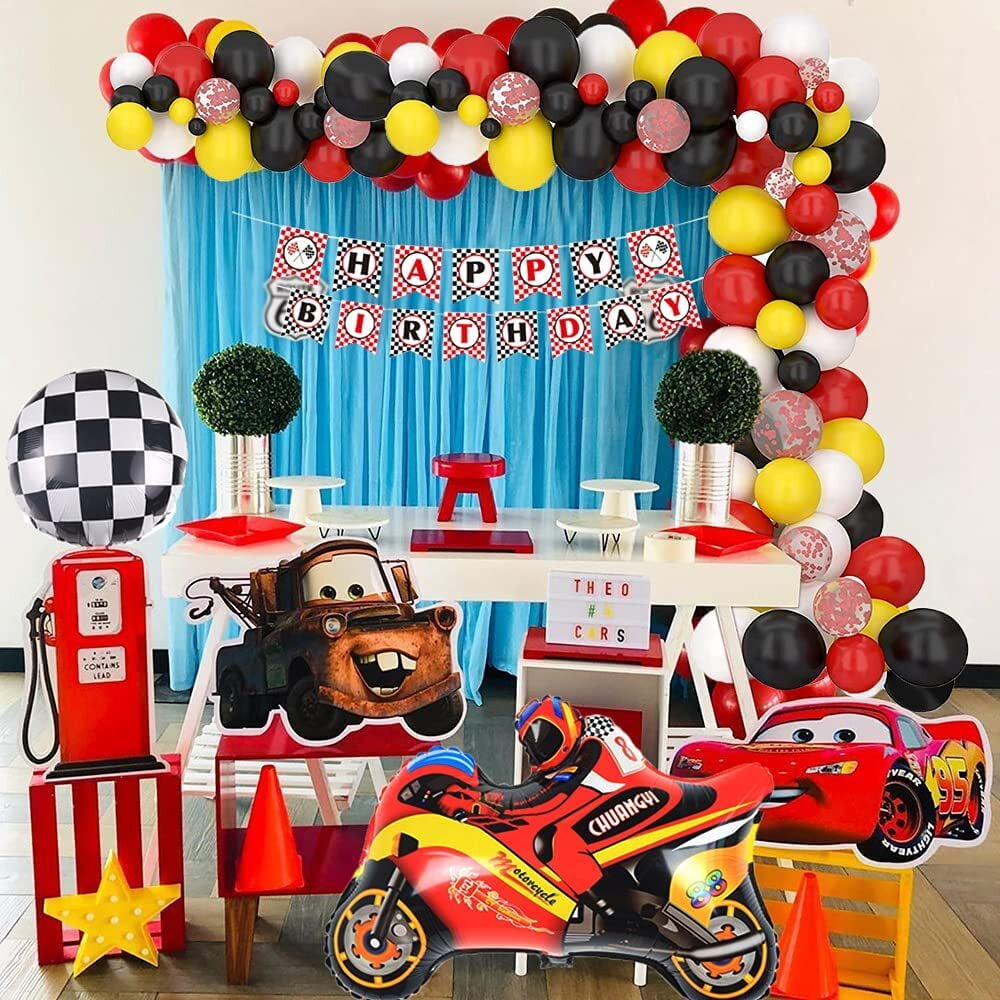 Racing Car Balloon Garland Kit, Yellow Black Red Balloon Arch with Checkered Flags Banner Checkered Balloons Confetti Balloons for Let's Go Racing Motorcycle Birthday Decorations