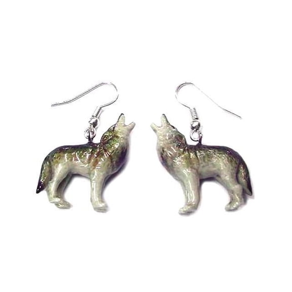 Little Critterz Jewelry Gray Wolf Animal Handcrafted - Lightweight French Hooks Decorative Figurine - Porcelain Earrings Jewelry