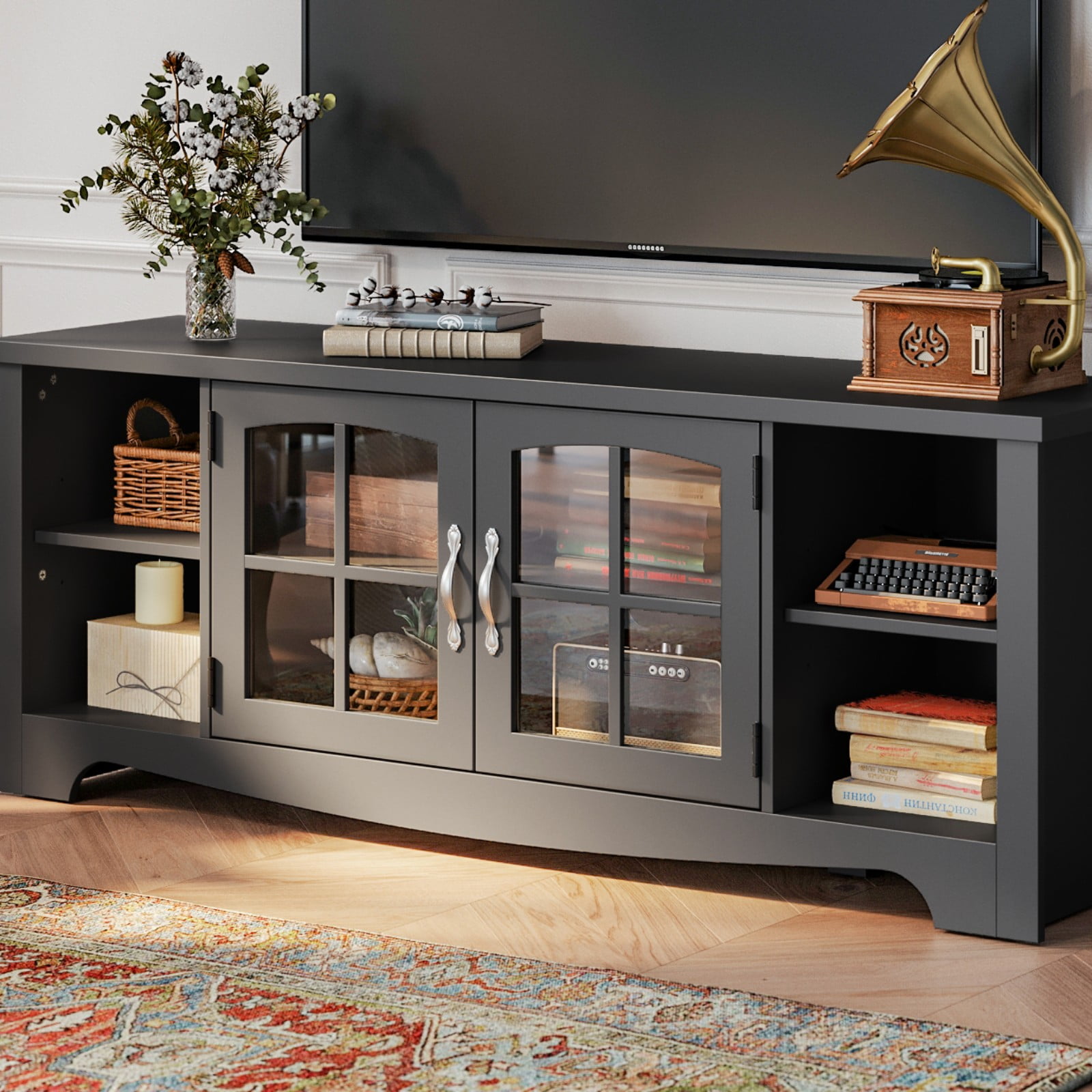 LINSY HOME Modern Farmhouse TV Stand for TVs up to 65",Home Entertainment Center with Storage Cabinet and Adjustable Shelves,Black