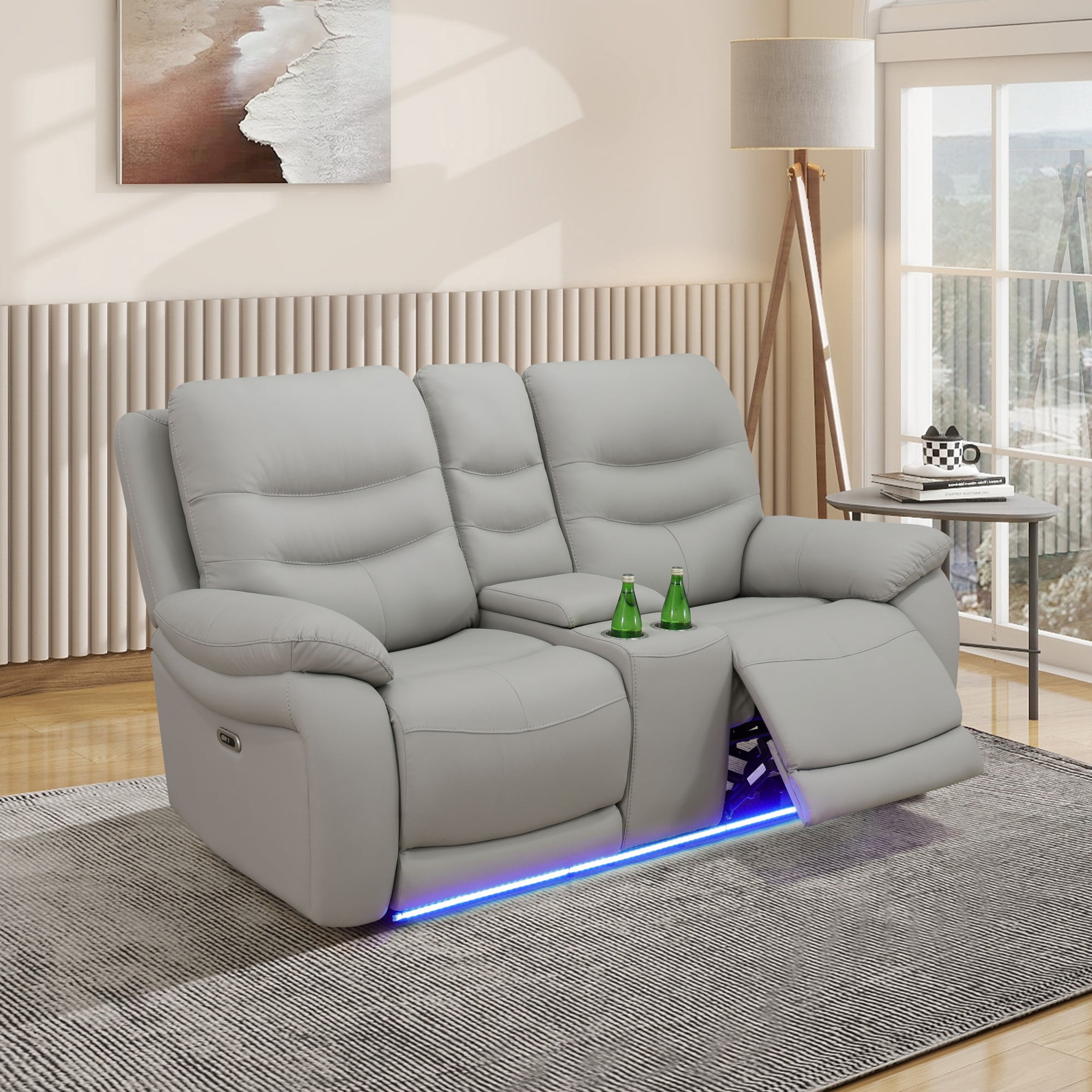 Gewnee Power Recliner Loveseat, LED Ambient Lights, Built in USB & Type‑C Ports, Adjustable Positions, Hidden Storage, Home Theater Seating with Cup Holders, Air Leather‑Light Gray