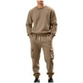 thumbnail image 3 of BiZtdJrK Mens Solid Sweatsuit Fleece Lined Crew Neck Long Sleeve Sweatshirts and Cargo Jogger Pants Sets Hiking Outdoor Sport 2 Piece Outfits with Multi Pockets Brown XL, 3 of 8