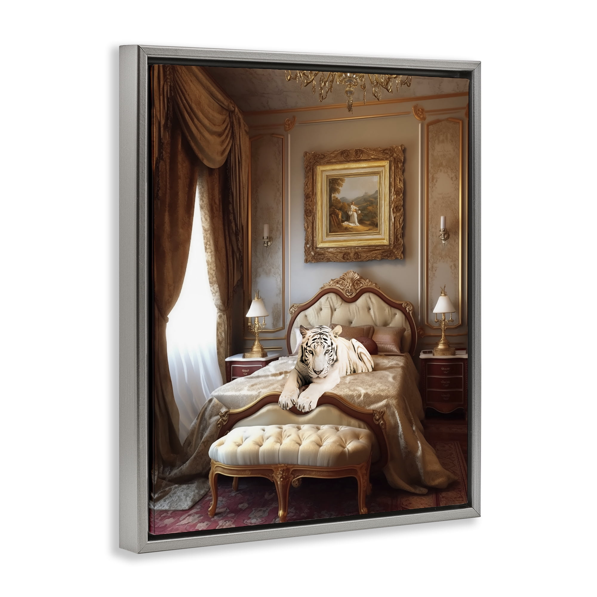 Stupell Industries Tiger in Regal Room Animals Painting Gray Floater Framed Canvas Art Print Wall Art, 25 x 31