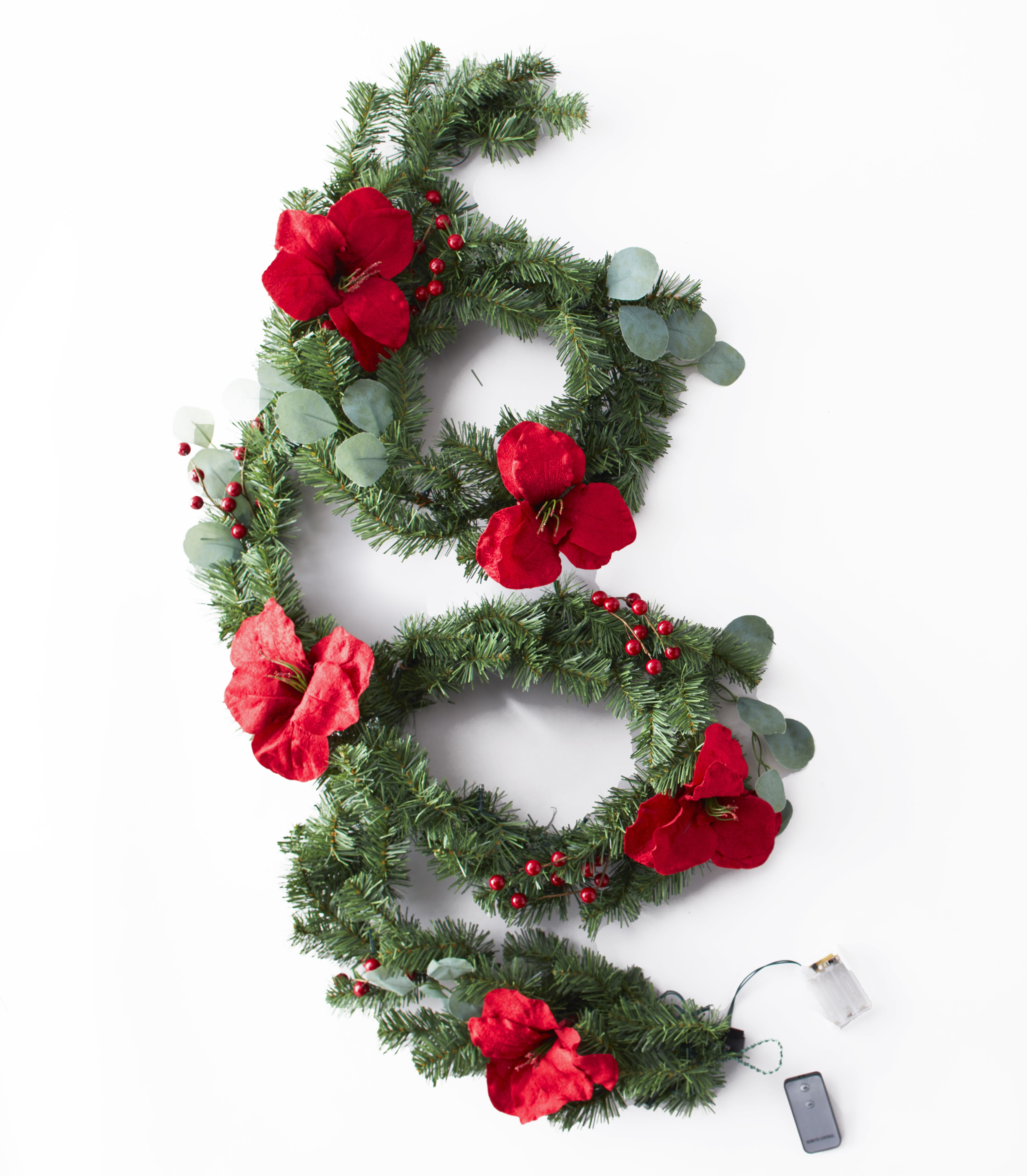 LED Lighted Christmas Garland with Faux Red Amaryllis Flowers and