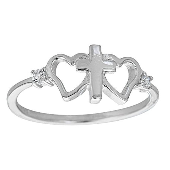 Decadence Sterling Silver Cross Hearts Cubic Zirconia Ring