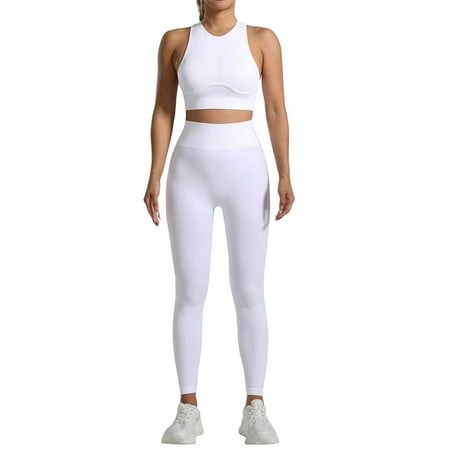 XDDLITP Workout Sets for Women 2 Piece Racerback Sports Bra Crop Tank Top Matching High Waist Leggings Sets Gym Work Out Outfits Clothes White M