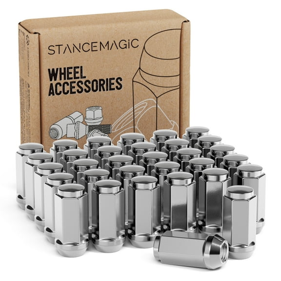32pcs Silver Chrome Bulge 1/2x20 Lug Nuts - Conical Cone Taper Acorn Seat Closed End Extended - 1.8 inch Length - Compatible with Dodge Chevy Ford with 8lugs, Install with 19mm or 3/4 inch Hex Socket