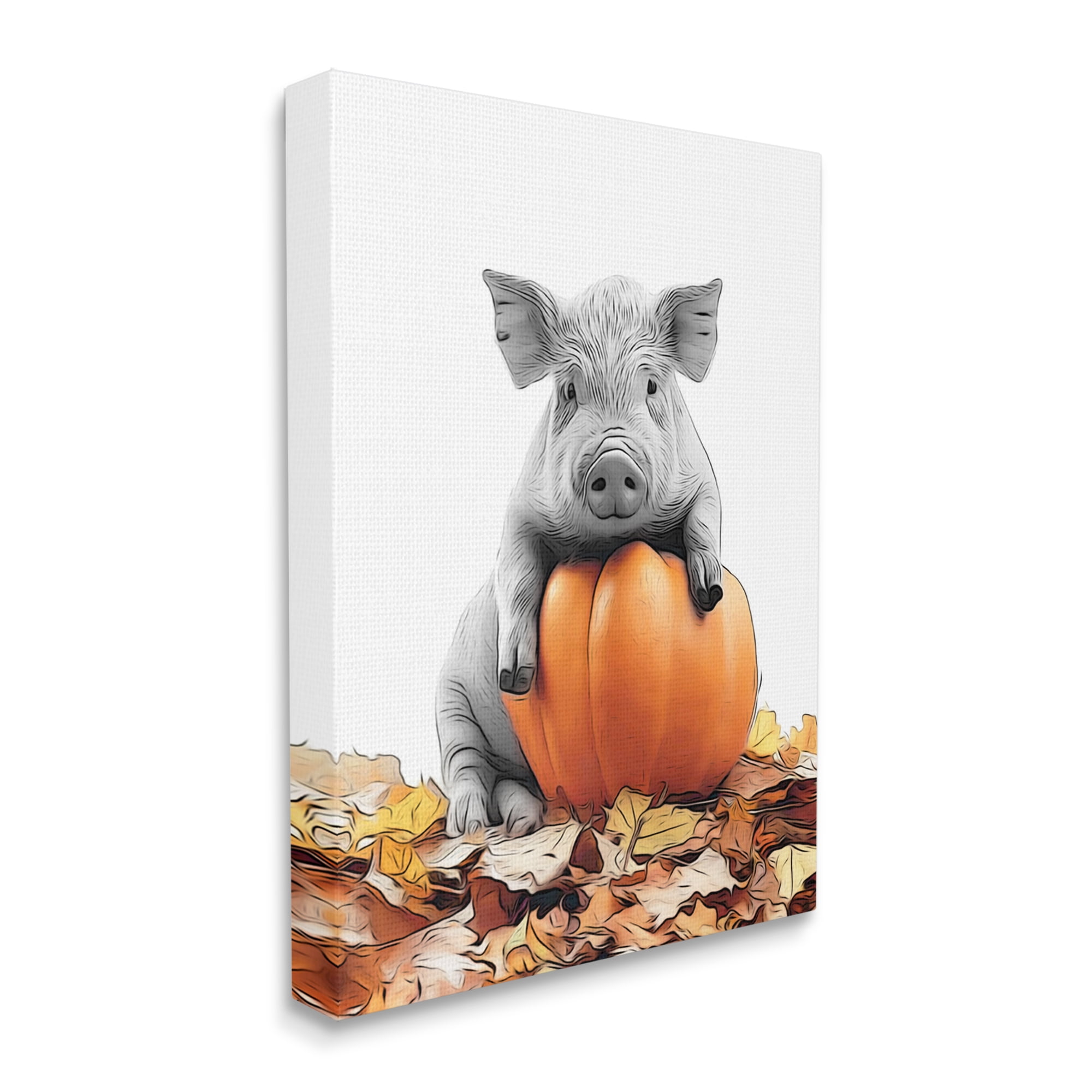 Stupell Industries Pig & Autumn Leaves Holiday Painting Gallery Wrapped Canvas Art Print Wall Art, 16 x 20