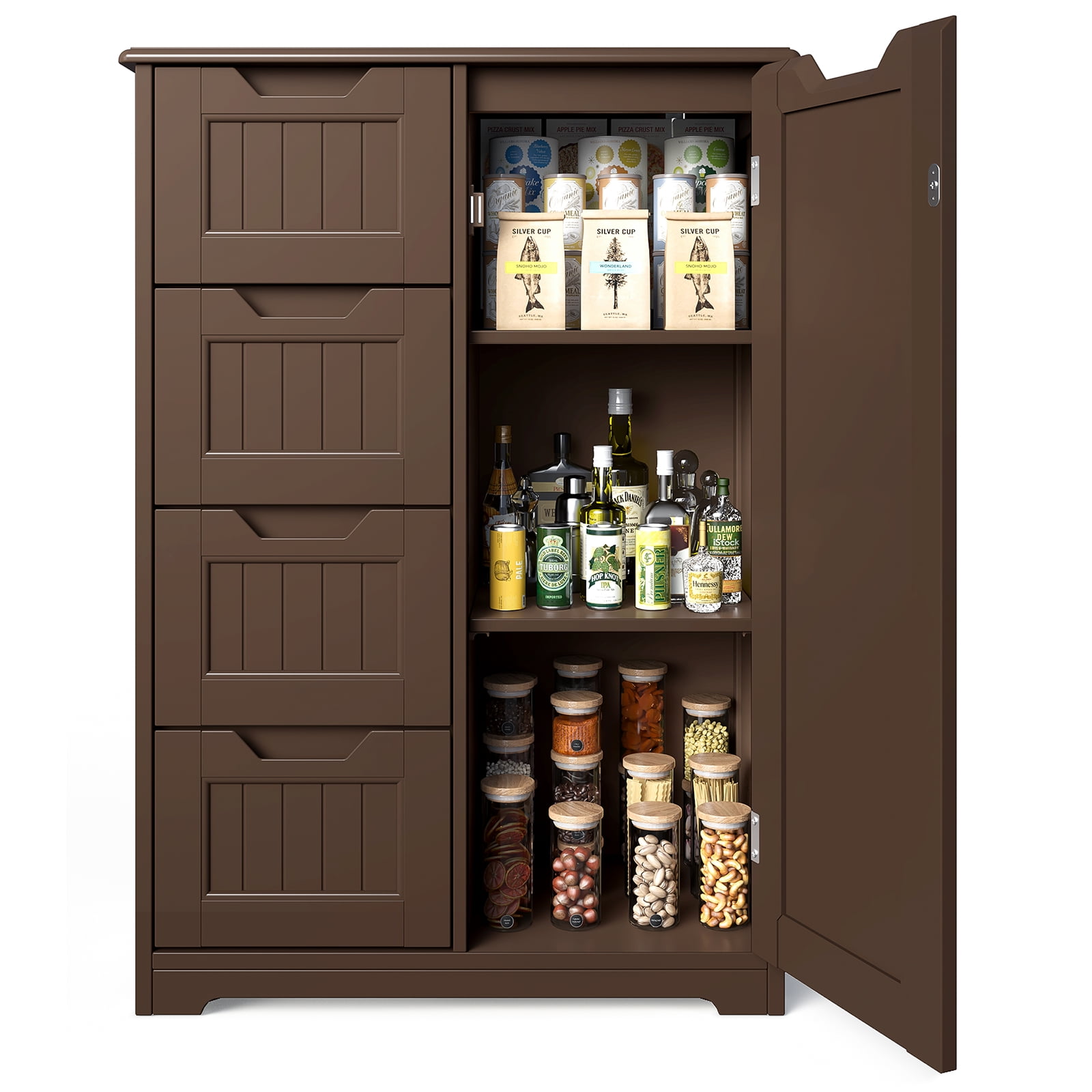 Pantry Cabinet, Lofka 33" Small Kitchen Pantry Storage Cabinet with 1 Door, 2 Shelves, 4 Drawers, Dark Brown