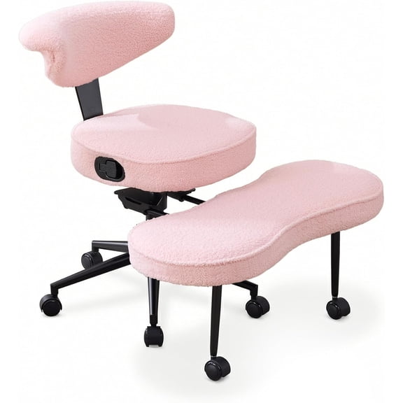 Ergonomic Cross-Legged Office Chair – Adjustable Height, High Lumbar Support, 360° Swivel, Wide Meditation & Yoga Kneeling Seat, Wheels – Fuzzy Soft Pink