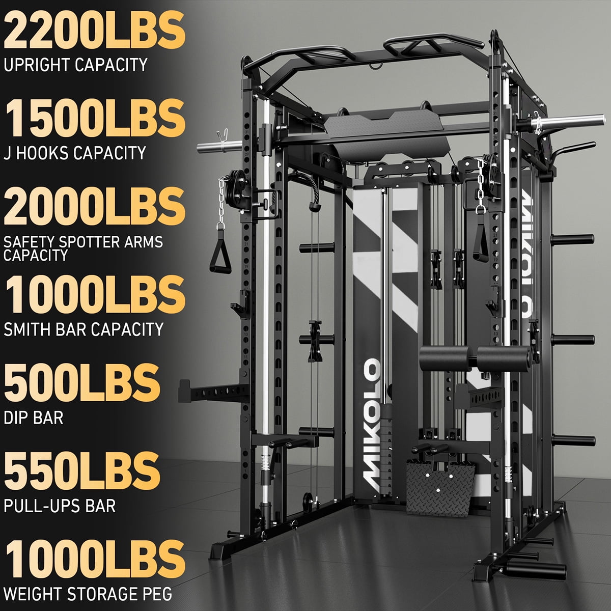 Mikolo Smith Machine Home Gym, 2200LBS Power Rack with 36pcs Aluminum Pulley, Functional Trainer with Dual 128LBS Weight Stack, Full Body Workout Home Gym