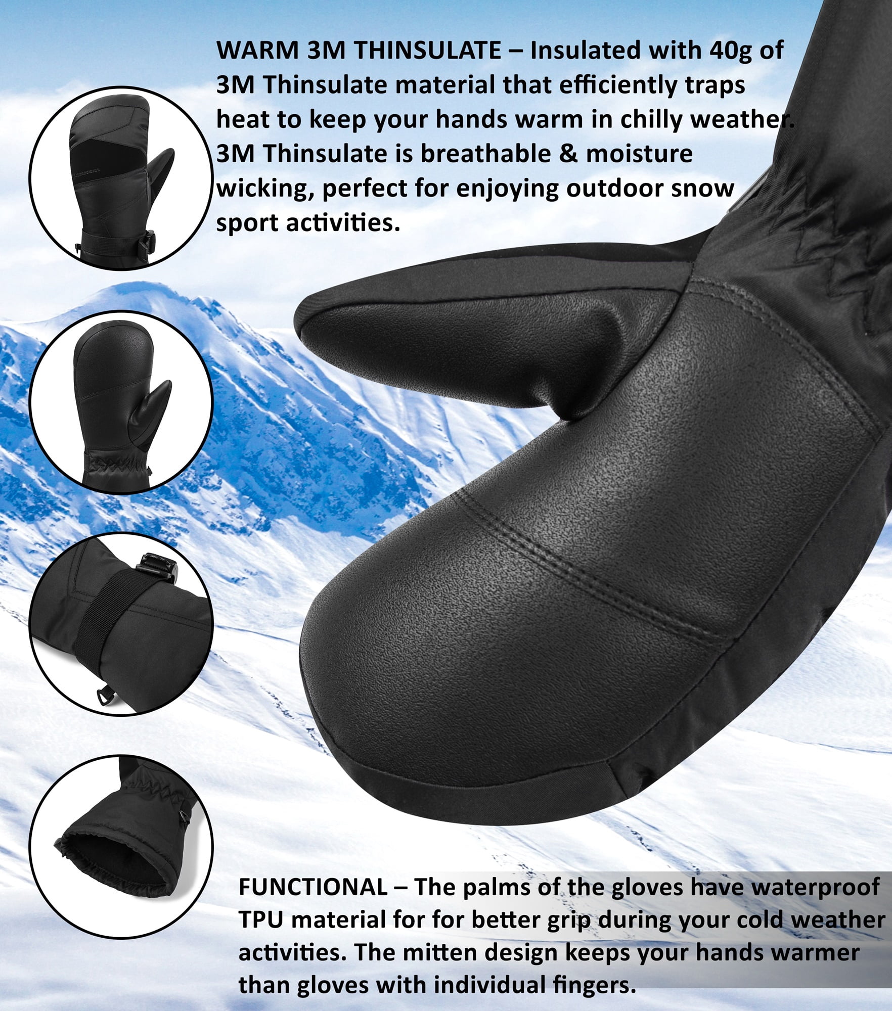 Alpine Swiss Mens Waterproof Ski Mittens 3M Thinsulate Winter Snow Sport Gloves