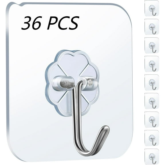 Wall Hooks - 33lb(Max) Heavy Duty Adhesive Hooks for Hanging, Waterproof and Rustproof, Transparent Design, Bathroom Kitchen Hooks (36 Pack)