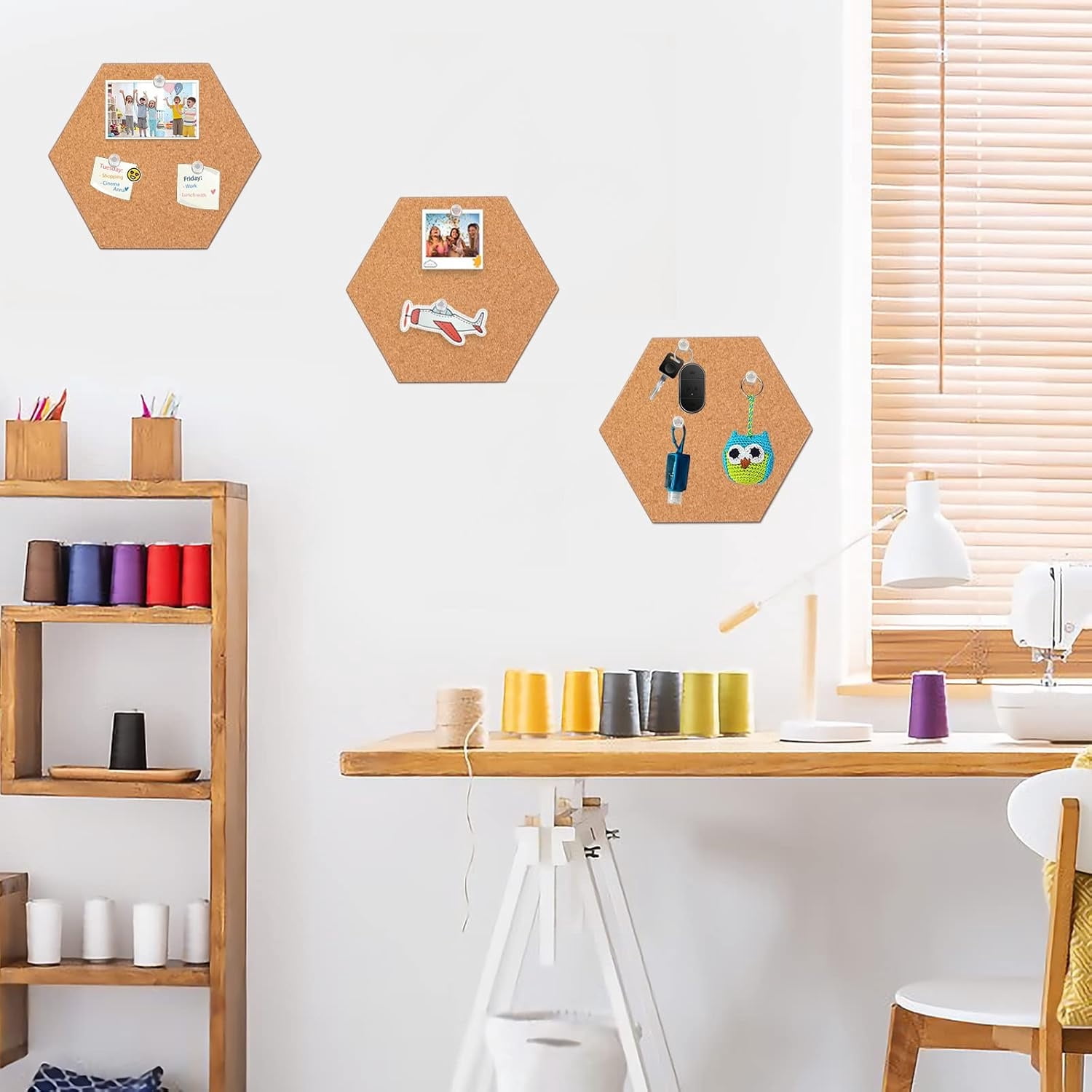 Self-Adhesive Wall Bulletin Board,6 Pack Hexagon Cork Board Tiles,DIY Notice Board,Wall Bulletin Board with 40 Push Pins, Application Message Board for DIY, Pictures Hanging, Office Home Decoration