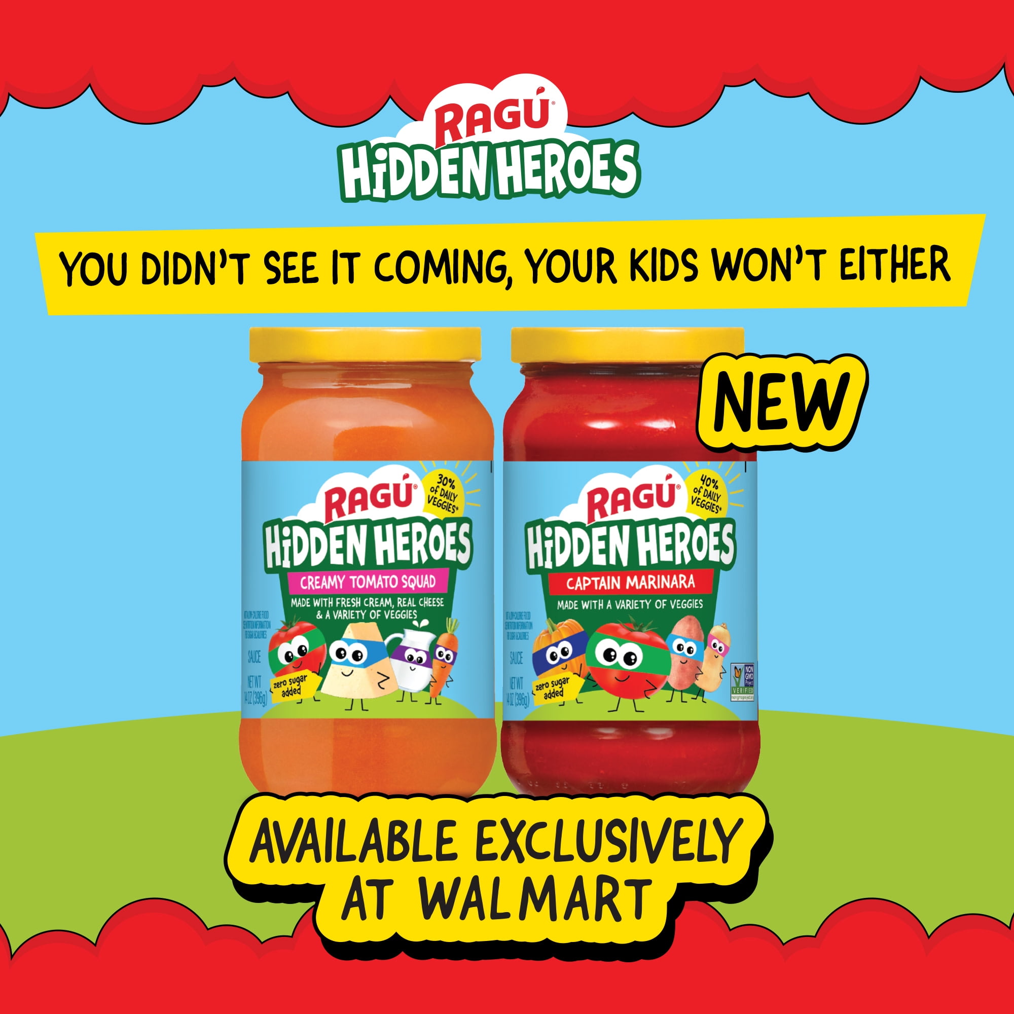 (4 pack) Ragu Hidden Heroes Pasta Sauce for Kids, Creamy Tomato Squad, 14 oz