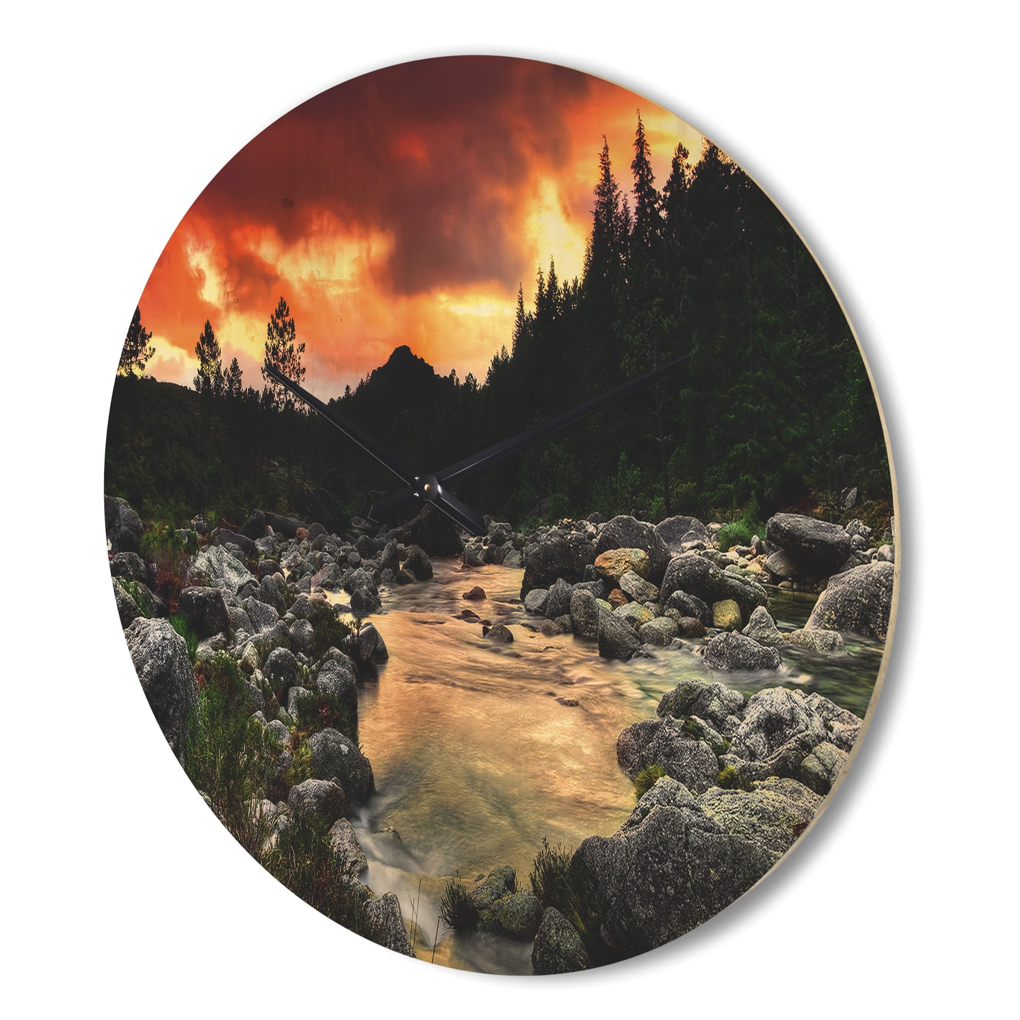 Designart 'Rocky Mountain River at Sunset Light' Modern Wood Wall Clock