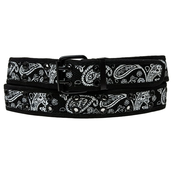 Black Paisley Design 2 Holes Row Metal Grommet Stitched Canvas Fabric Web Belt