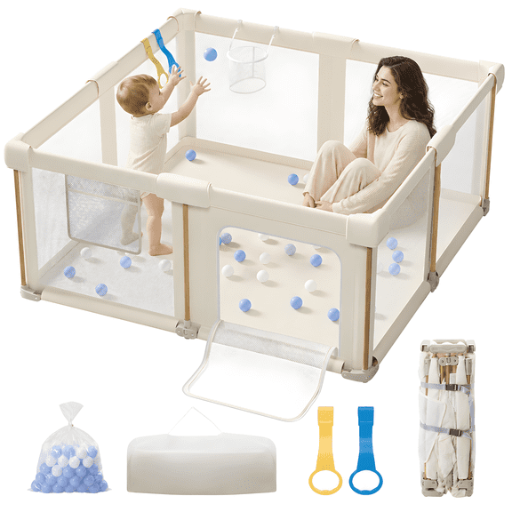 PRVAETU 59''×71'' Foldable Baby Playpen with 50 Ocean Balls,Collapsible Play Pen for Babies and Toddlers,Off-White