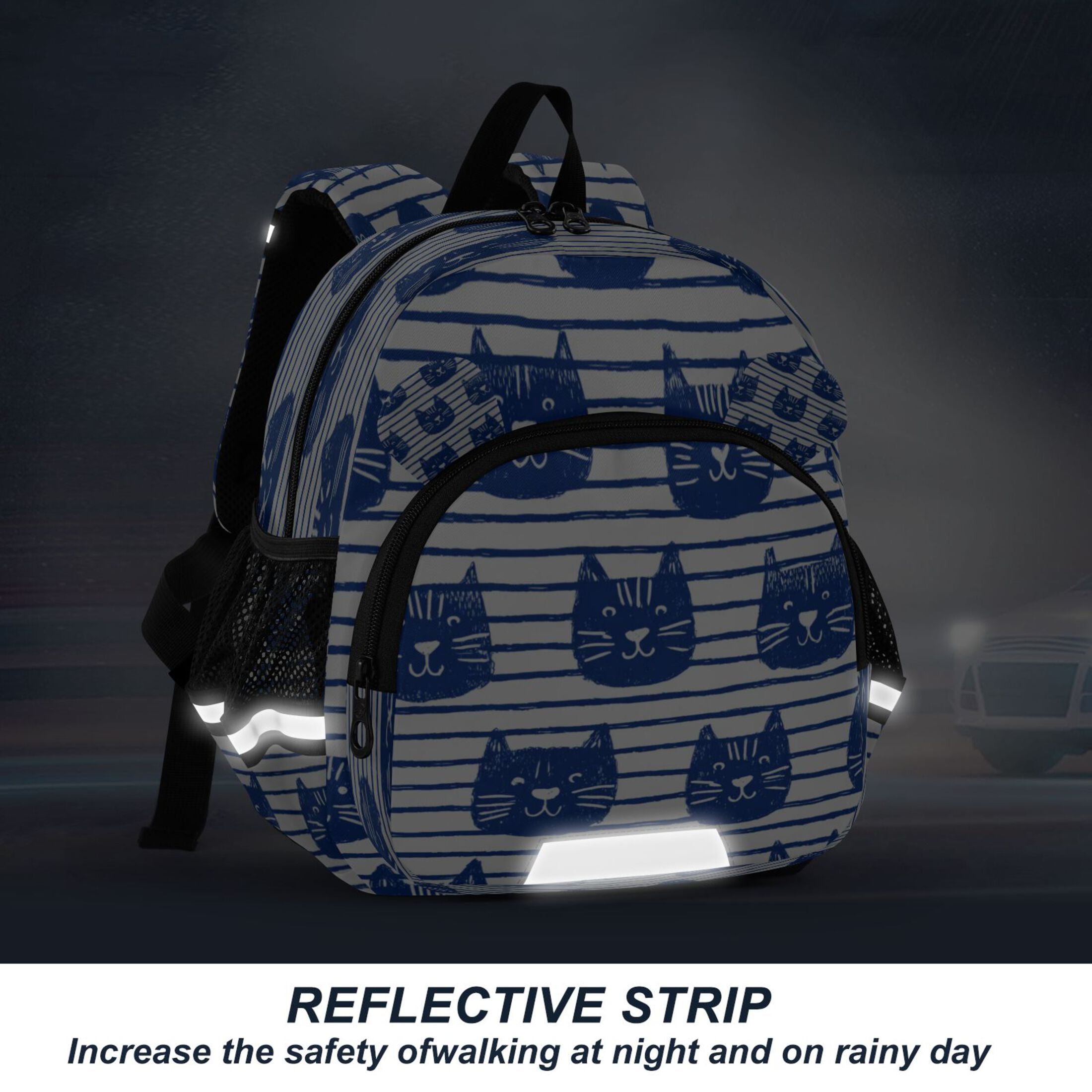 RMDQTR Adorable Ear-Print Backpack with Reflective Strip and Anti-Lost Leash Adjustable Shoulder Straps Mini Travel Backpack Cute Cat Faces in Blue
