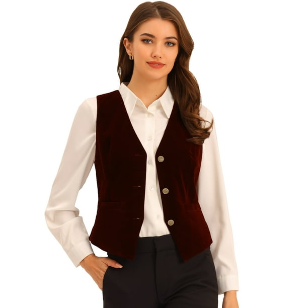 Chaleco de terciopelo vintage para mujer, trajes de negocios formales, chaleco Steampunk con botones Borgoña XS