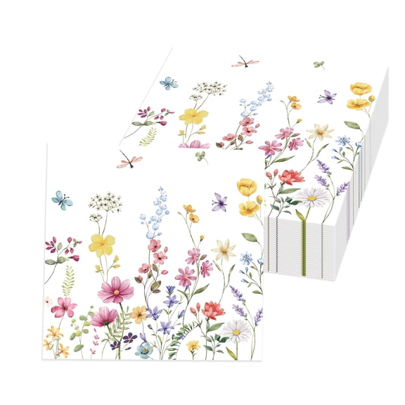 100 Pcs Wildflower Napkins, 6.5x6.5 Inch Floral Paper Napkins, Decorative Disposable Party Napkins, Multicolor Flower Napkins For Spring Birthday Wedding Shower & Tea Party Decorations