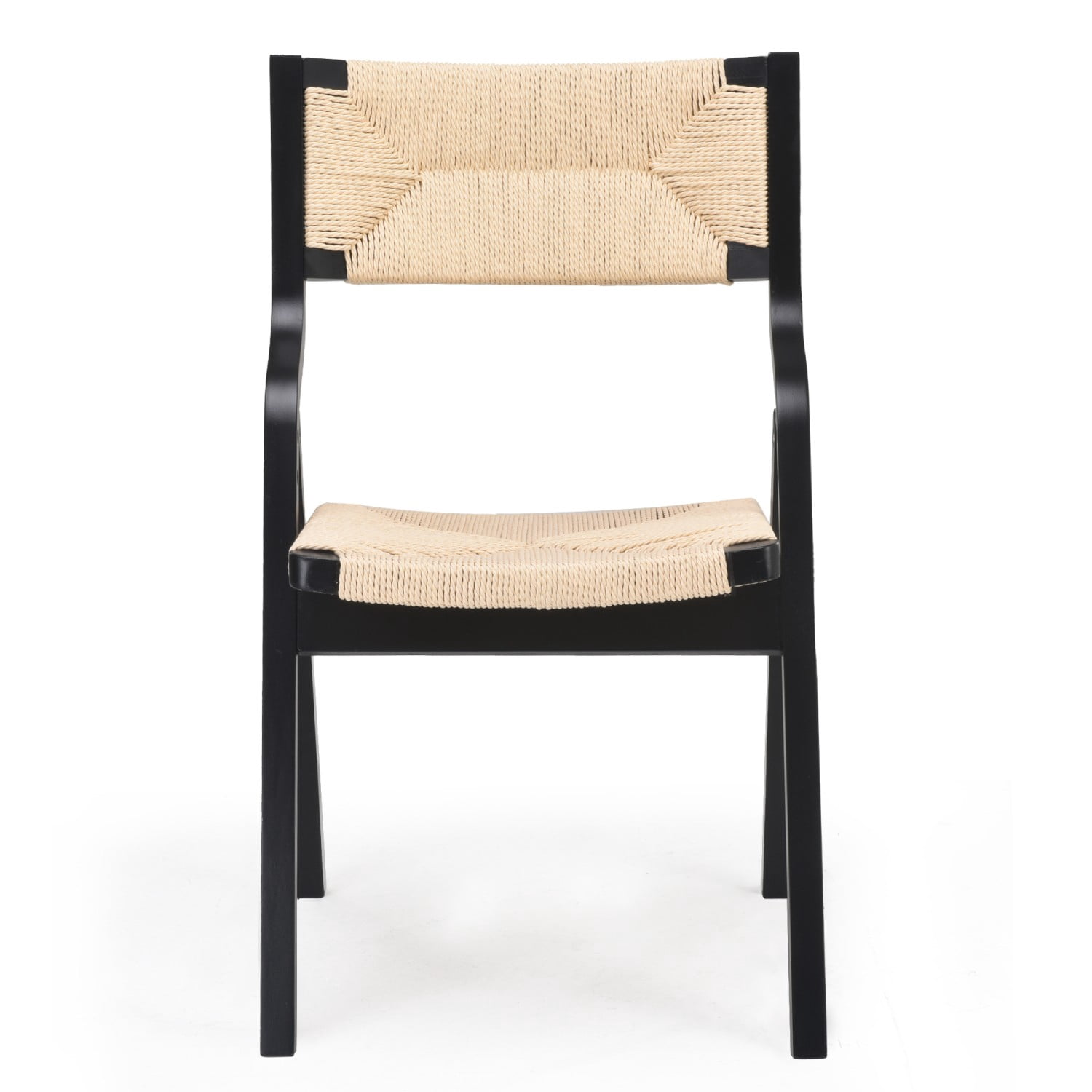 Folding Dining Chairs Set of 2, Wooden Foldable Chairs with Woven Seat & Webbing Back, Space-Saving Kitchen & Dining Room Chairs, Black & Natural