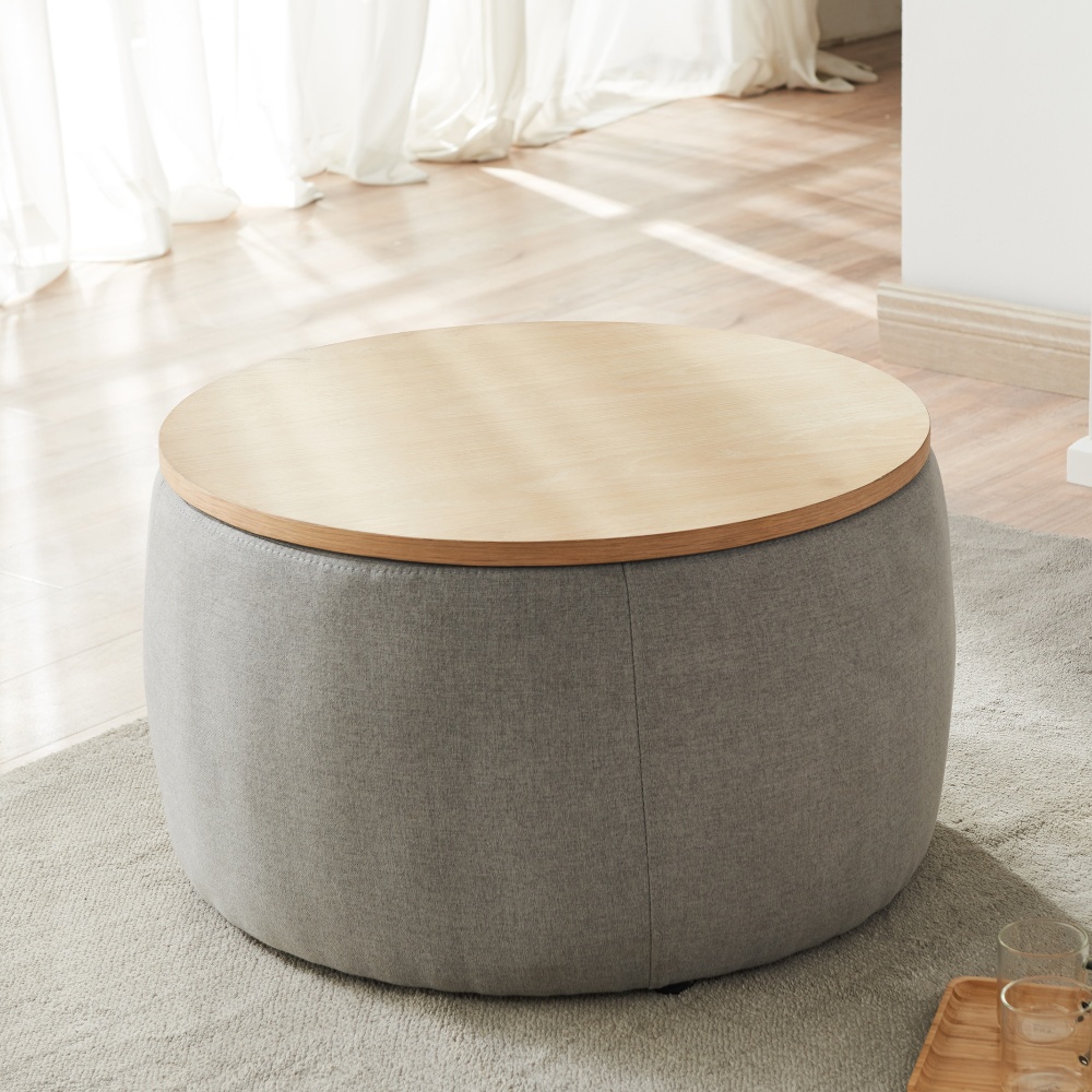 Tcbosik 25.5inch Round Storage Ottoman with Wood Lid, 2 in 1 Functional End Table, Footstool for Bedroom Living Room, Dark Grey