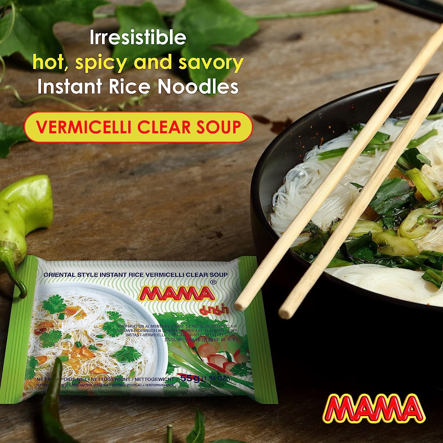 MAMA Oriental Style Instant Rice Noodles Vermicelli Clear Soup 9.7 oz (1.94 oz ea.) - 30 Packs