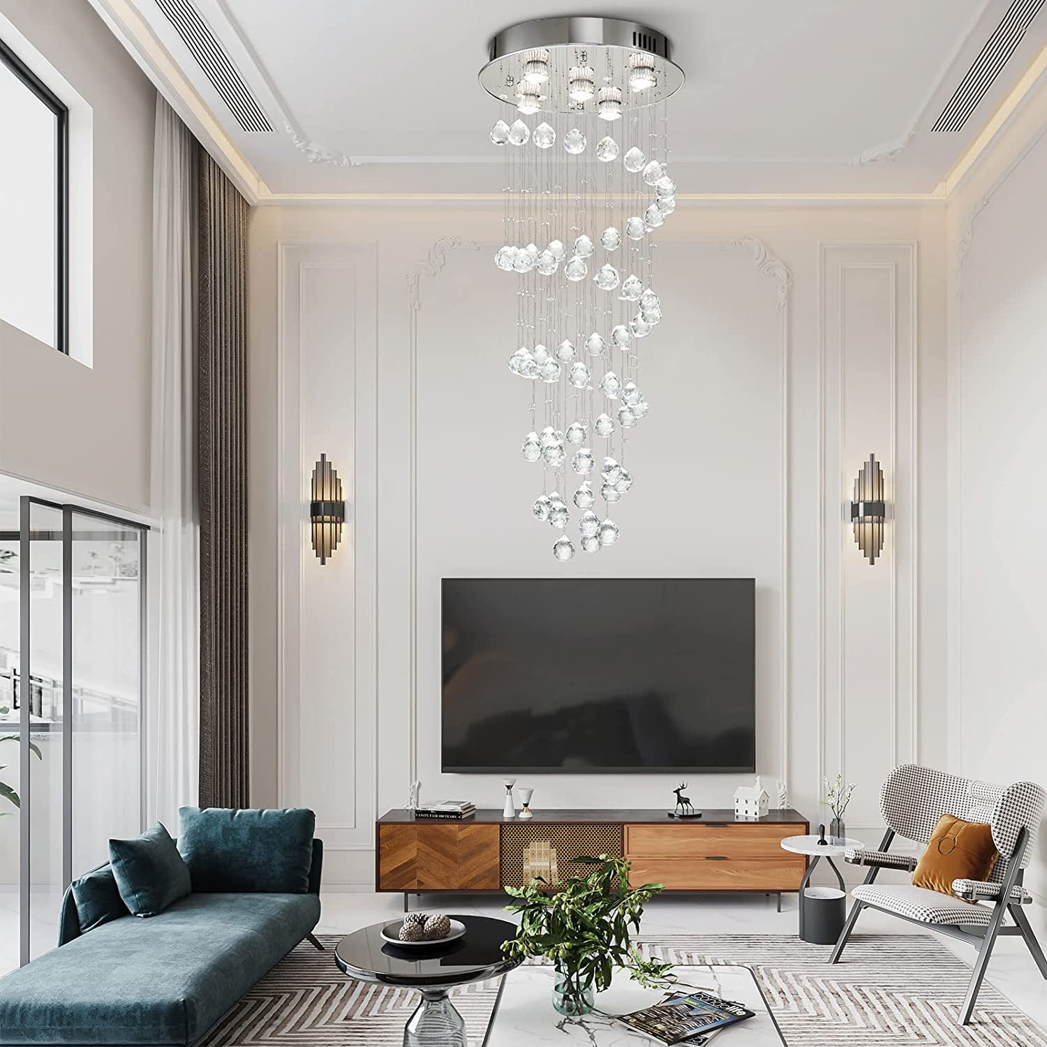 FETCOI Modern K9 Crystal Spiral Raindrop Chandelier - Flush Mount LED Ceiling Light Fixture Pendant Lamp for Dining Room Bathroom Bedroom Livingroom