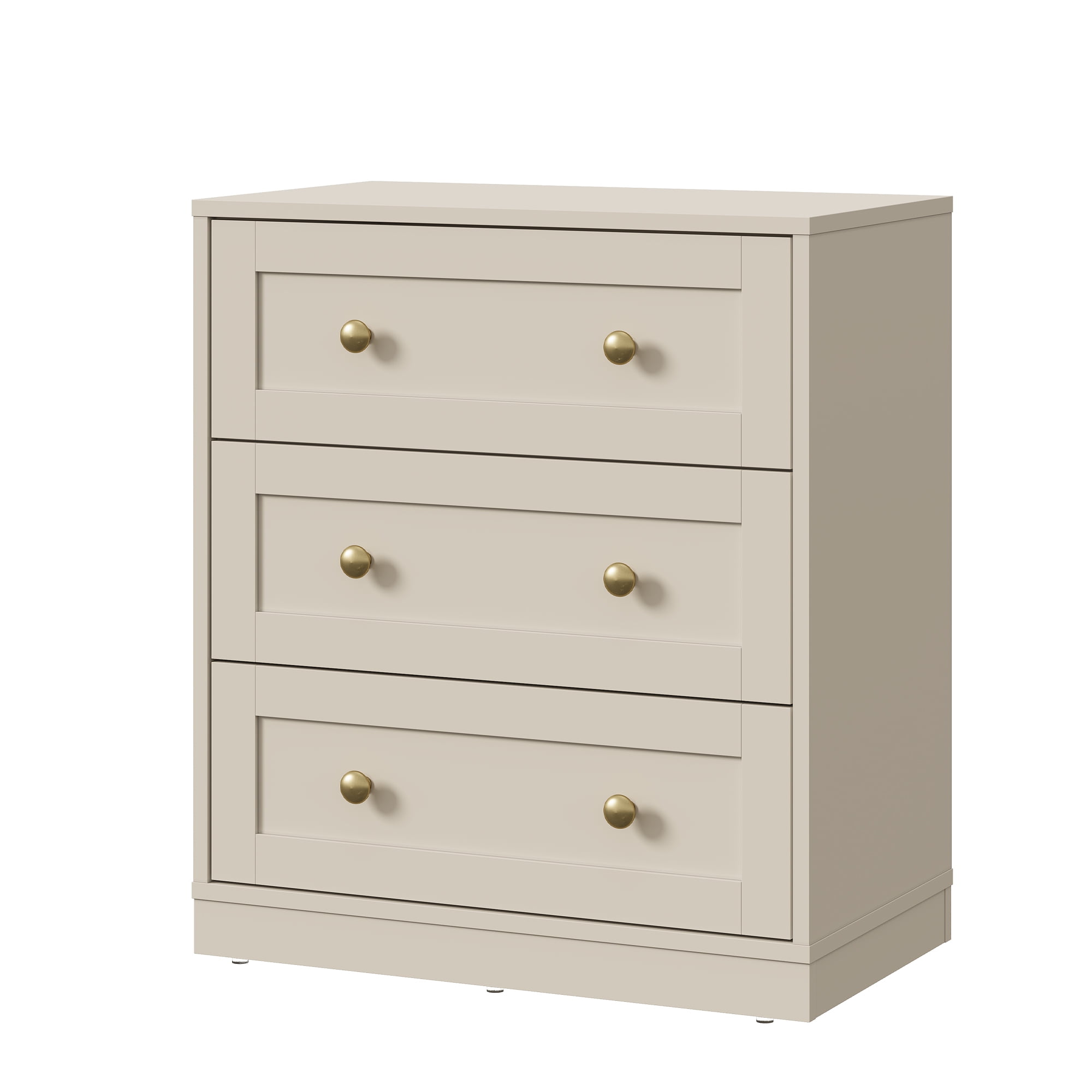 May in Color 3 Drawer Nightstand Set of 2, Modern Wood End Table with Gold Knobs, Beige