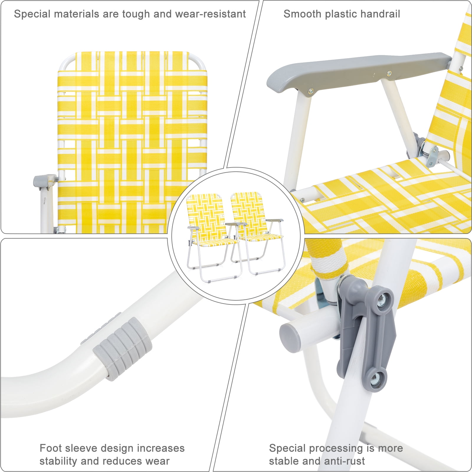 Winado Lawn Chair Set Patio Folding Web , 2 Pack Outdoor Beach Chair Portable Camping Chair  Yellow