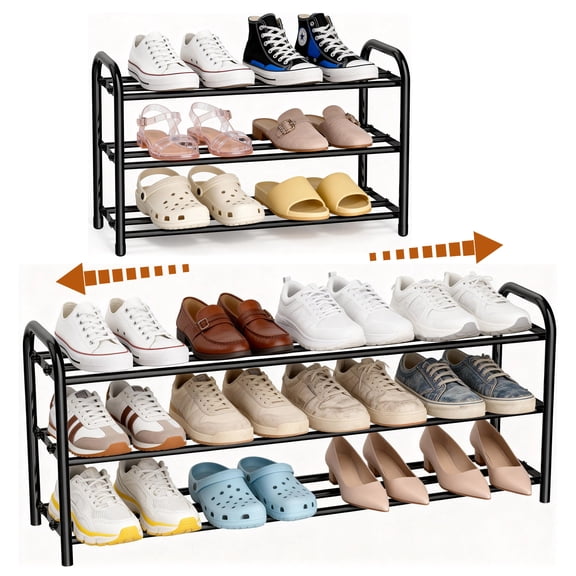 JUNLIN 3 Tier Expandable Shoe Rack, Metal Storage Shelf,Shoe Rack for Entryway（Black)