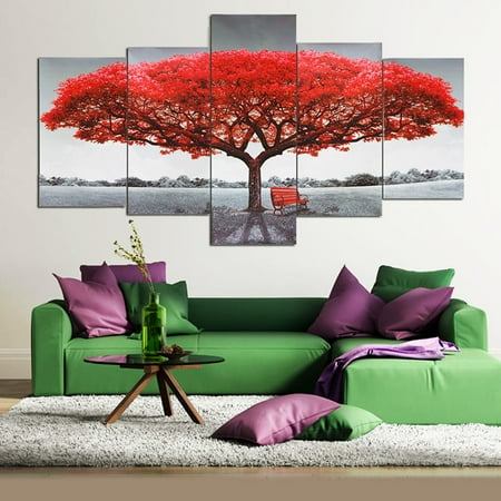 Pictures Of Trees Unframed Living Room Adornment Picture Red Tree Canvas Print Home Wall Decor (2 art x 60cm*30cm + 2 x 50cm*30cm +1 x 80cm*30cm) ()