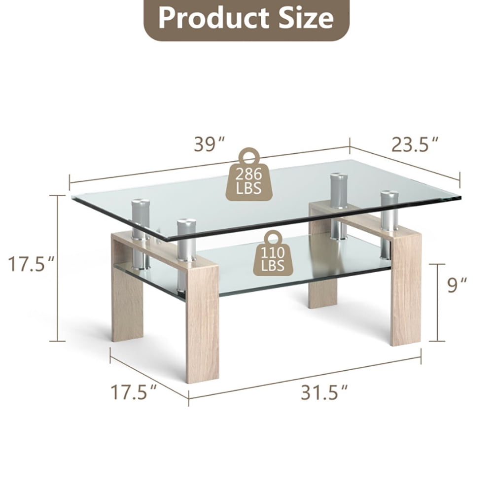 Finihen Glass Coffee Table, Rectangular Coffee Table, Rectangle Glass Coffee Table with Metal Legs, for Living Room, Reception Room, Natural