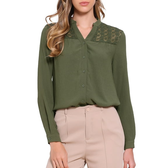 DARING DIVA Women's Button Down Long Sleeve Casual Trendy Blouse XS Army Green