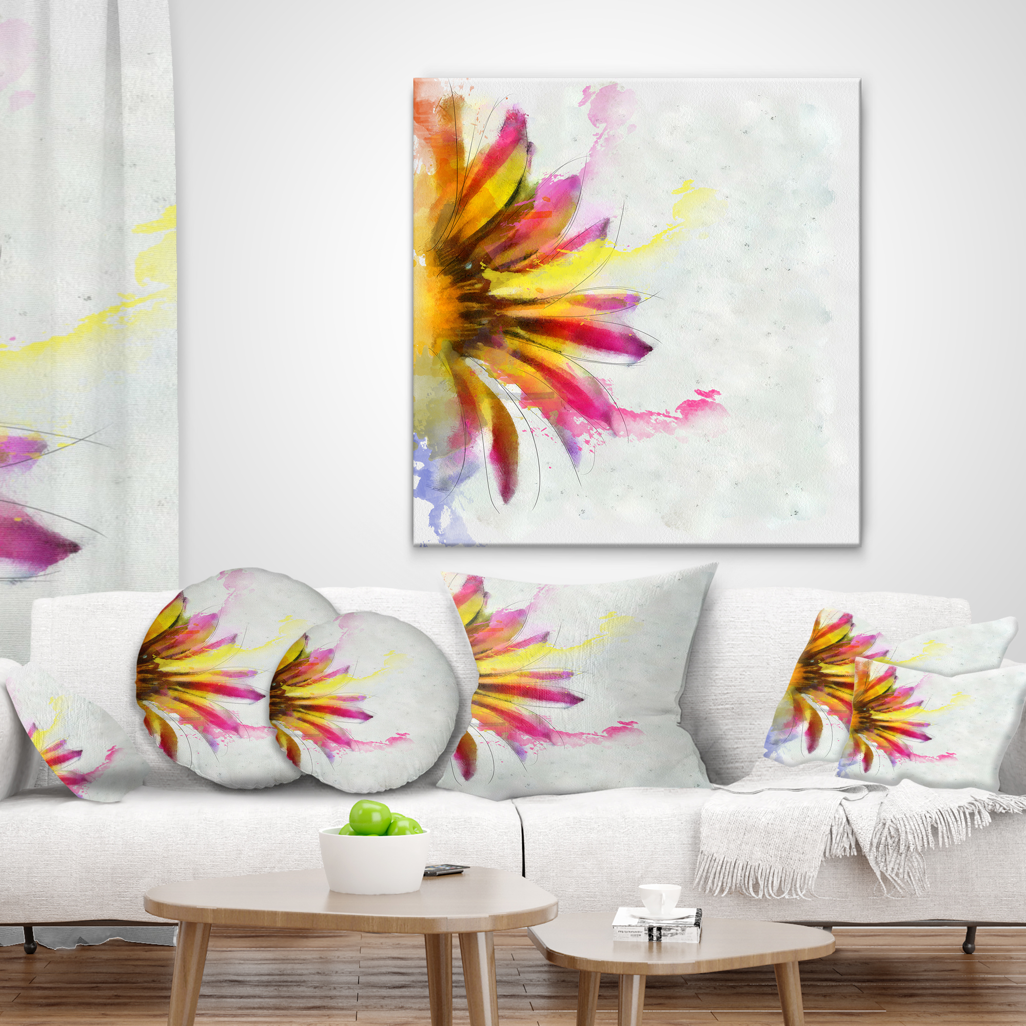 Designart Large Sunflower Sketch Watercolor - Floral Throw Pillow - 12x20