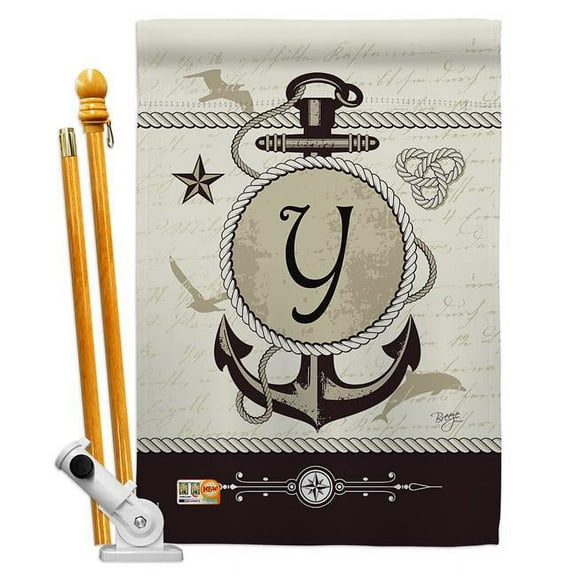 Breeze Decor BD-NA-HS-130207-IP-BO-D-US14-BD 28 x 40 in. Nautical Y Initial Coastal Impressions Decorative Vertical Double Sided House Flag Set & Pole Bracket Hardware