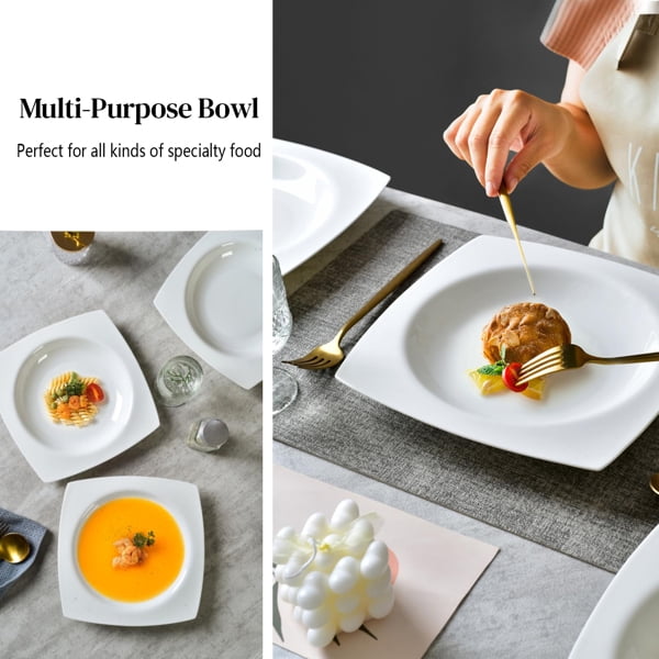 Salad Kitchen Plate set for 6,Square Plate Sets for Elegant Dining,Microwave Safe White Plates Ceramic Tableware Set,Ideal for Home or Restaurant