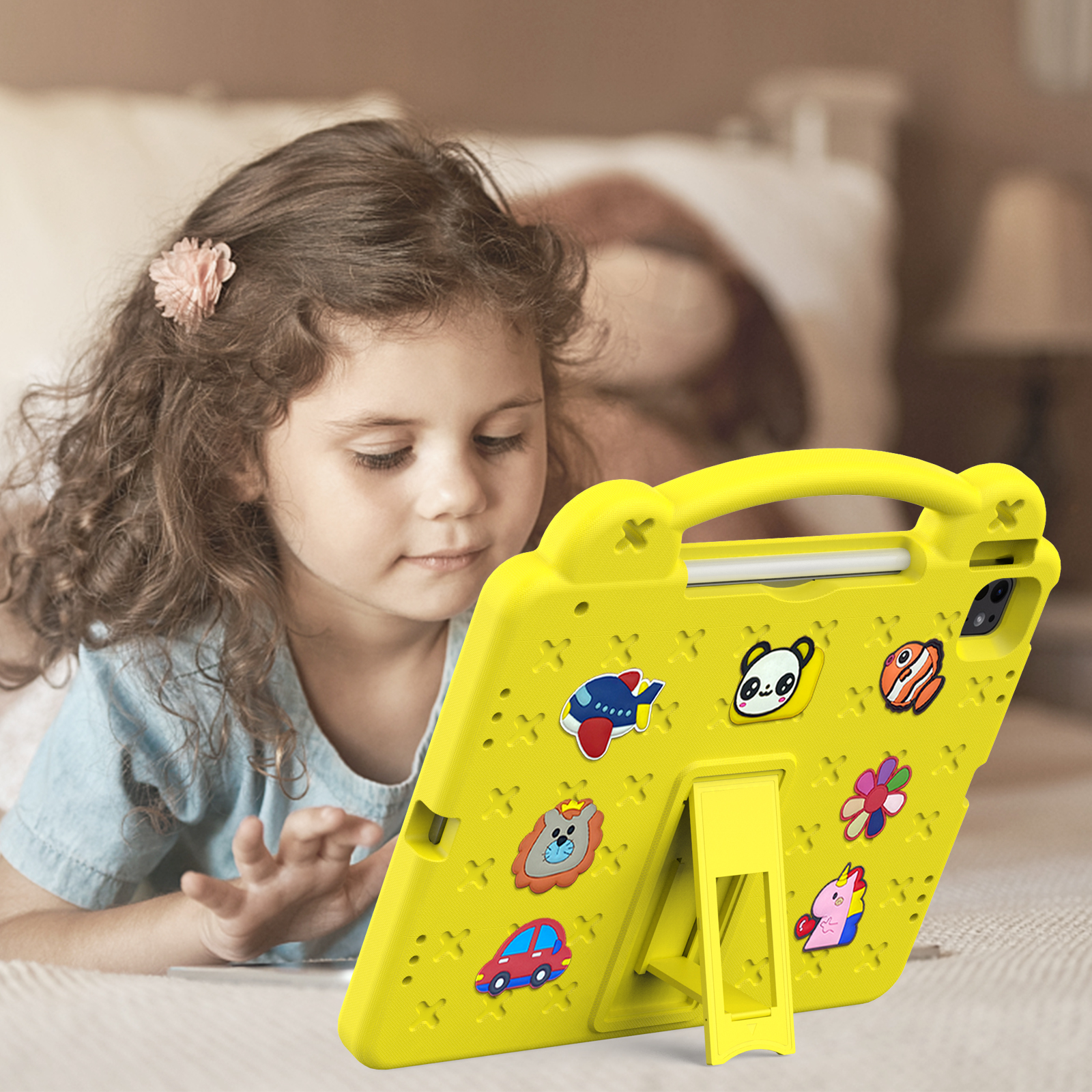 Nalacover Cartoon Handle Case for Apple iPad Air 11 inch 2024 Case, EVA Foam Cute Pattern with Pencil Holder Kickstand Cute Shockproof PC Case for iPad Pro 11 inch 2024, Yellow