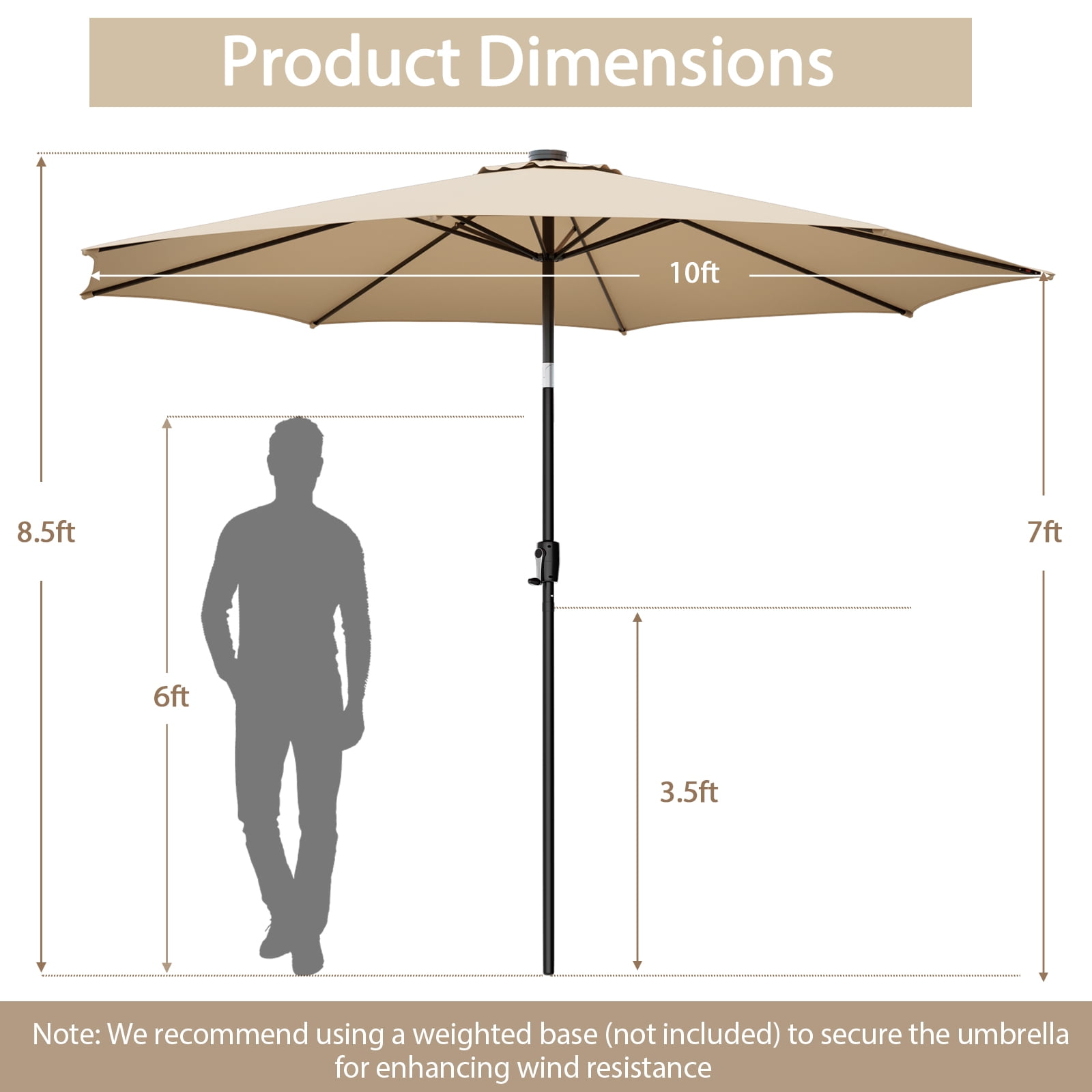 Costway 120" Beige Round Market Patio Umbrella, Solar Lighted