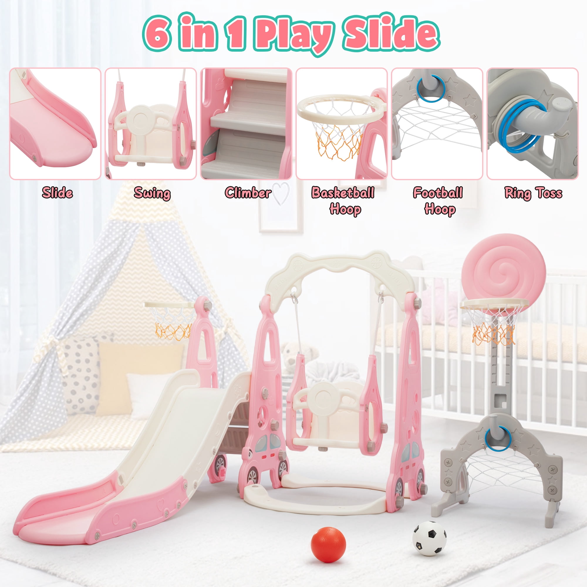 NYEEKOY 6 in 1 Toddler Slide and Swing Set, Indoor and Outdoor Kids Playset with Slide, Swing, Climber, Basketball Hoop and Ring Toss Game, Kids Slide and Swing Playground for Toddlers Age 1-8